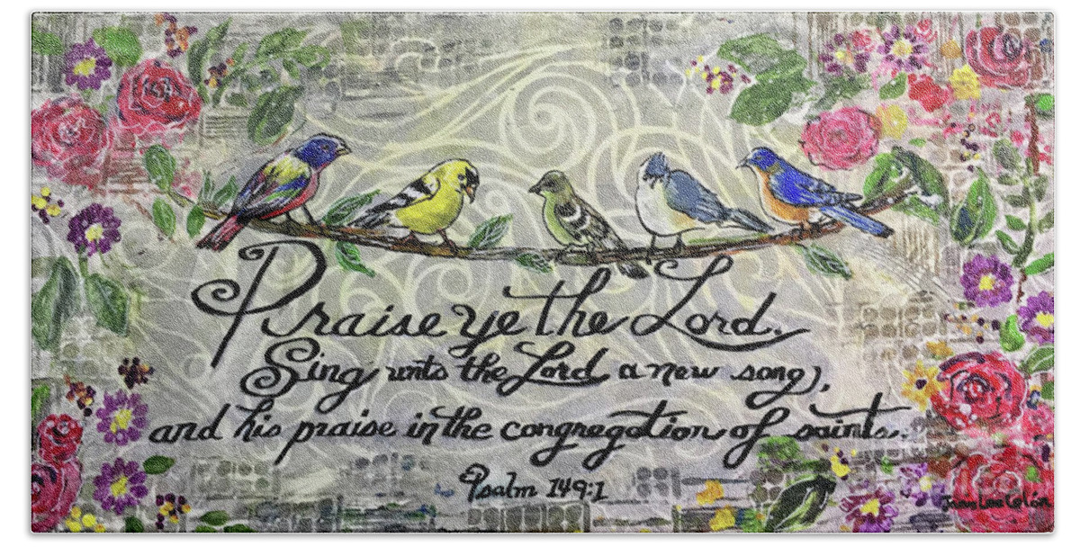Little Birds Hand Towel featuring the mixed media Praise Birds by Janis Lee Colon