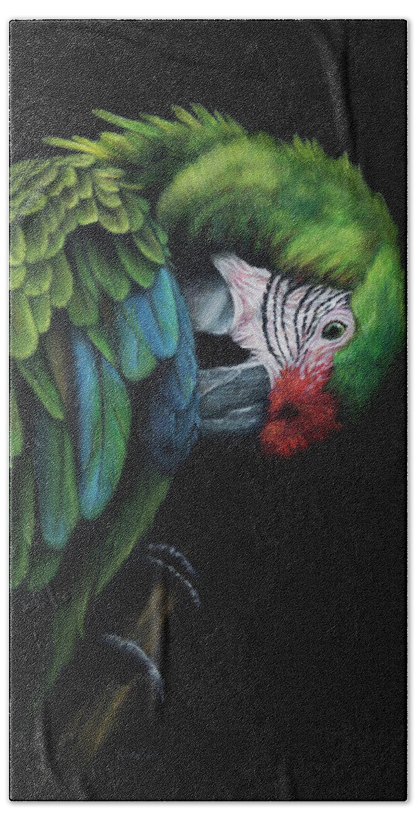 Macaw Hand Towel featuring the painting Preen by Kirsty Rebecca