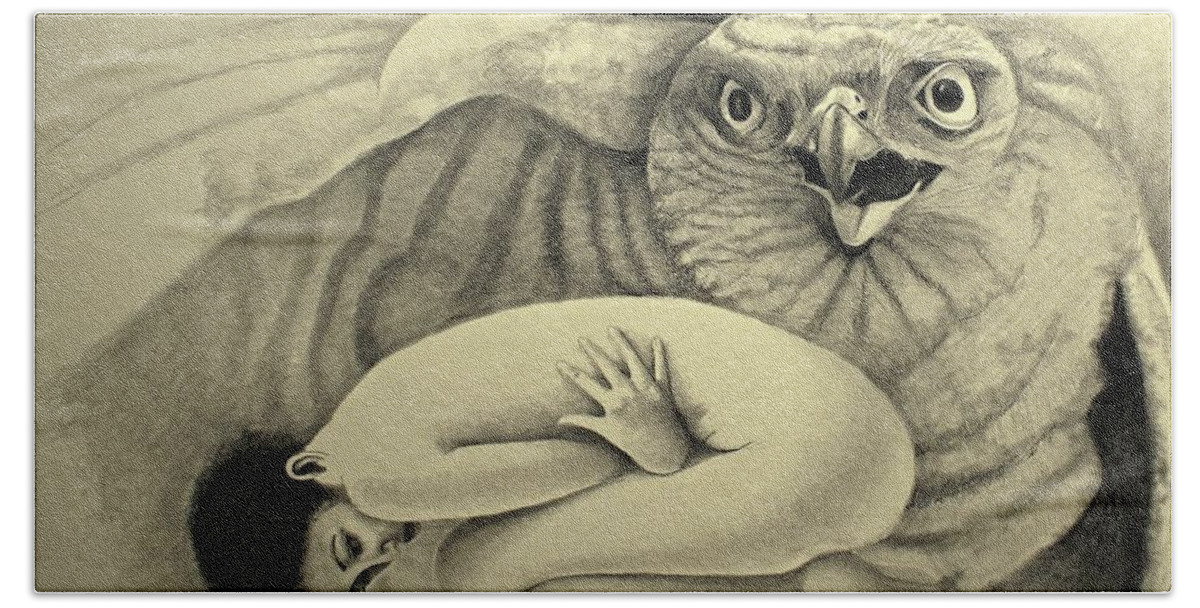 Woman Hand Towel featuring the drawing Prey by Tim Ernst