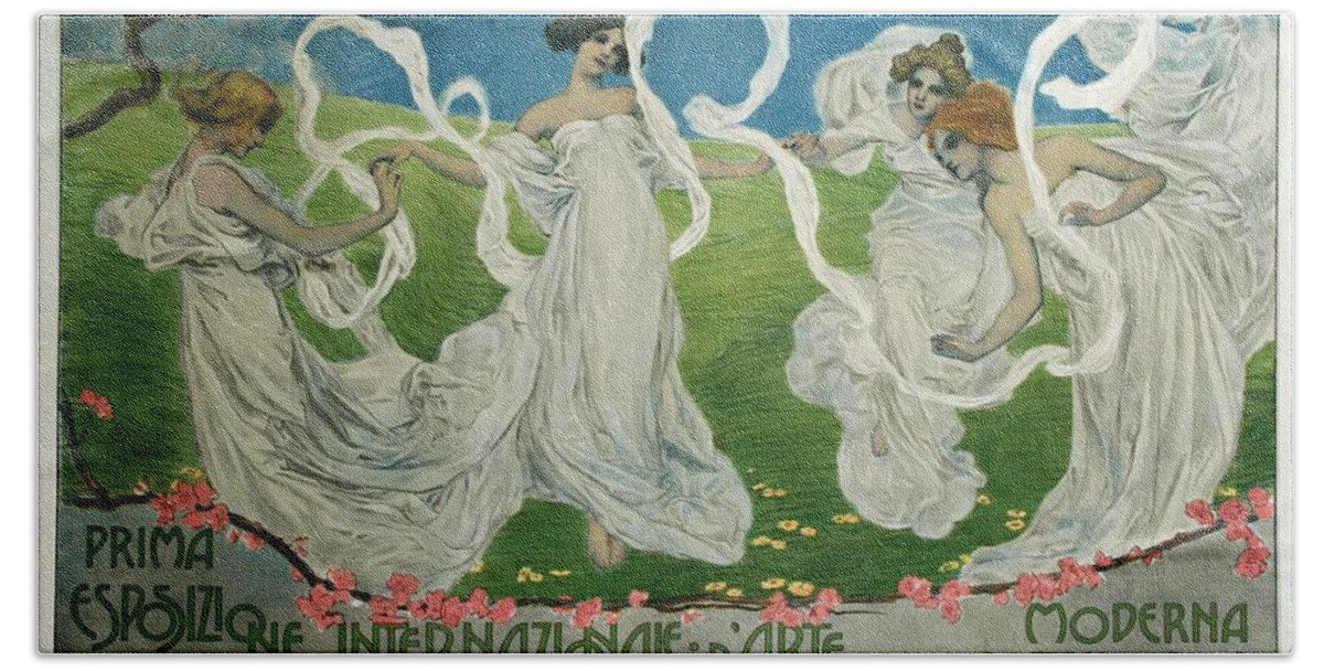 Art Nouveau Bath Towel featuring the painting Prima Esposizione, italian poster ca 1902 by Vincent Monozlay