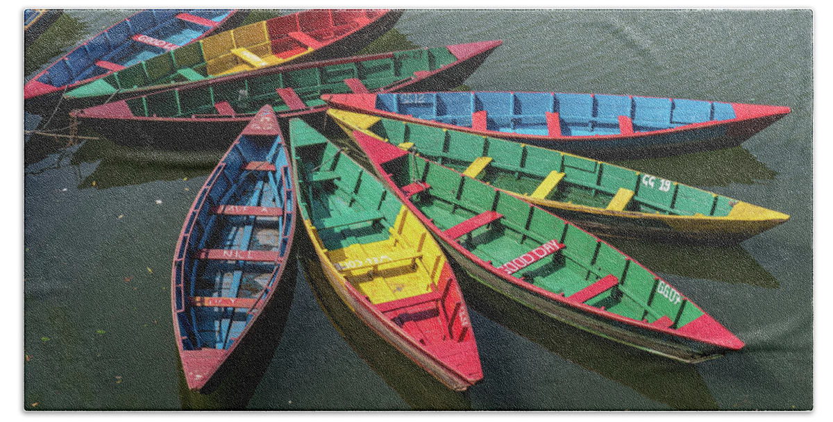 Rowboats Hand Towel featuring the photograph Primary colors abound as rowboats nestle on the lake by Leslie Struxness