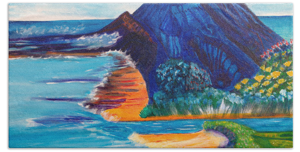 Mountains Bath Towel featuring the painting Primitive Beach by Santana Star