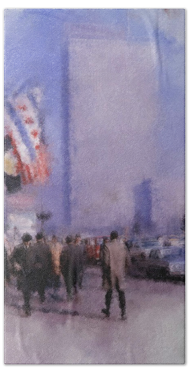 Chicago Hand Towel featuring the mixed media Prudential Building 1960s morning on Michigan Avenue in Chicago by Glenn Galen