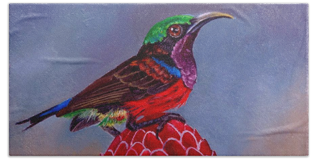 Birds Hand Towel featuring the painting Purple Throated Sunbird on Red Torch Ginger by Dana Newman