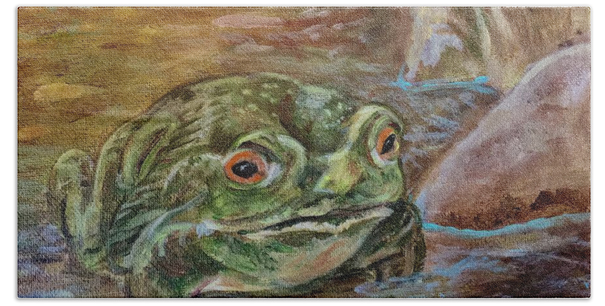 An Ugly Toad Or Is It A Frog Puddle Jumping? Bath Towel featuring the painting Puddle Jumper by Charme Curtin