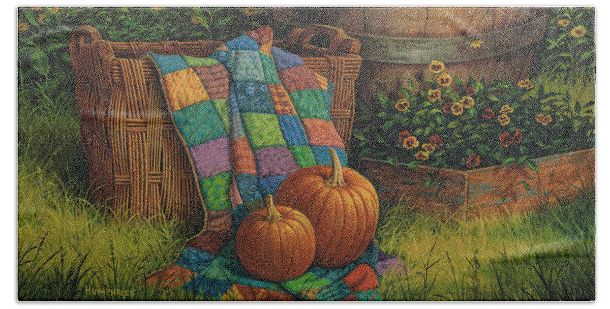 Michael Humphries Bath Towel featuring the painting Pumpkins and Patches by Michael Humphries