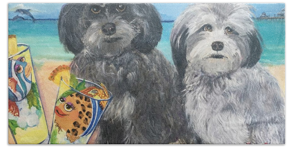 Dogs Hand Towel featuring the painting Pups in Paradise by Linda Kegley
