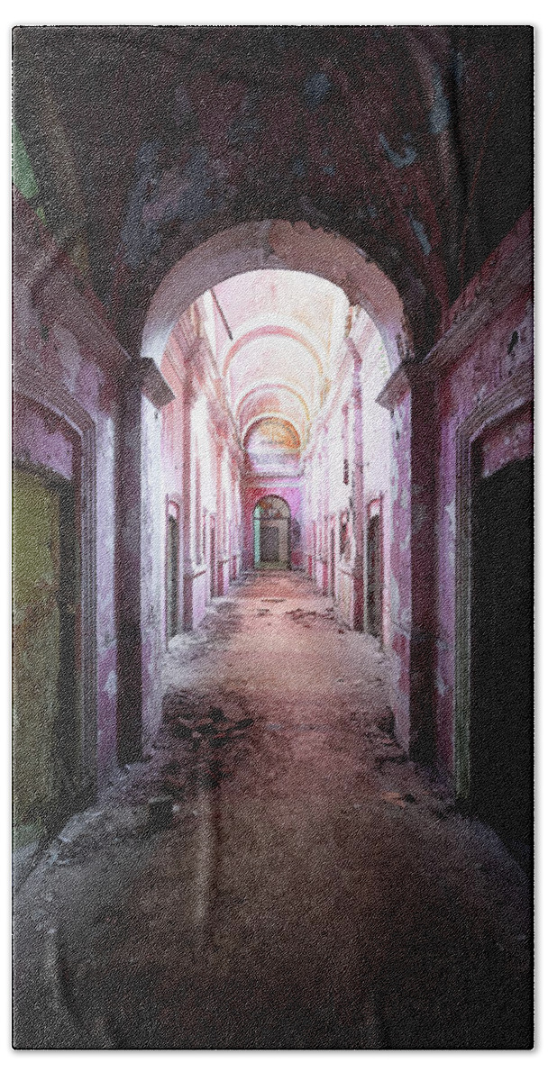 Urban Bath Towel featuring the photograph Purple and Dark Hallway in Decay by Roman Robroek