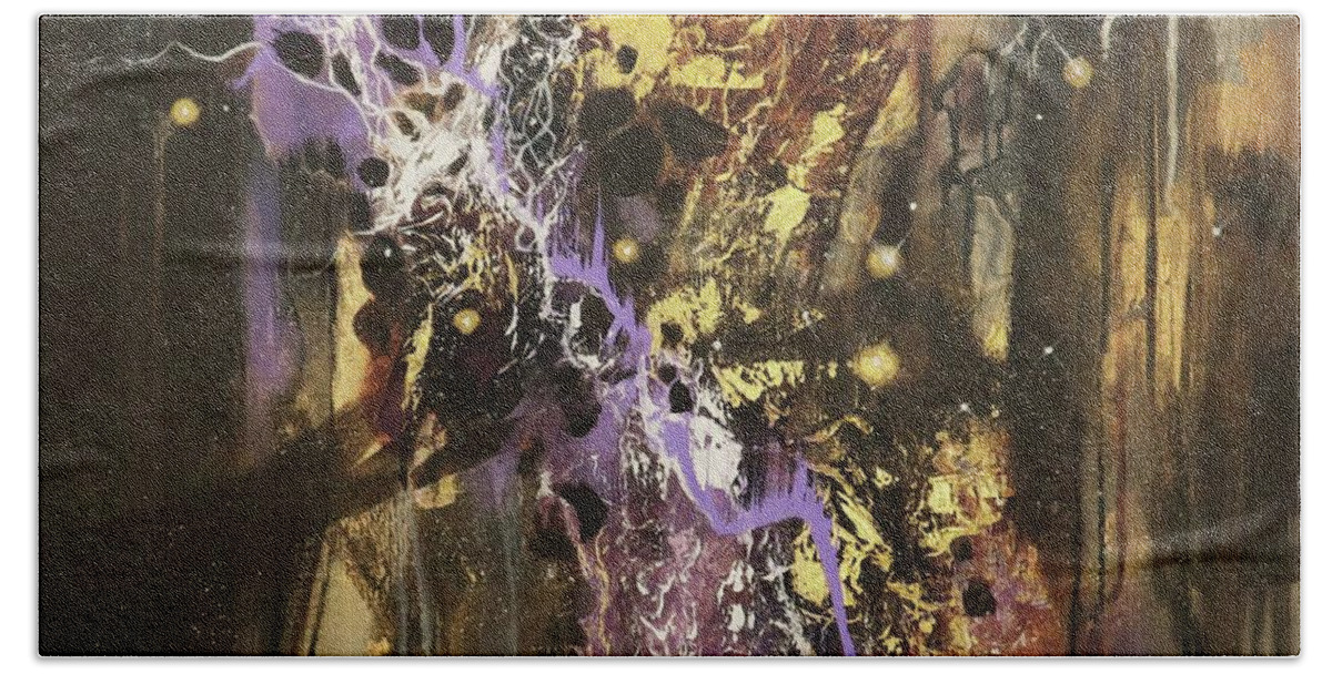 Abstract Hand Towel featuring the painting Purple and Gold Fusion by Tom Shropshire