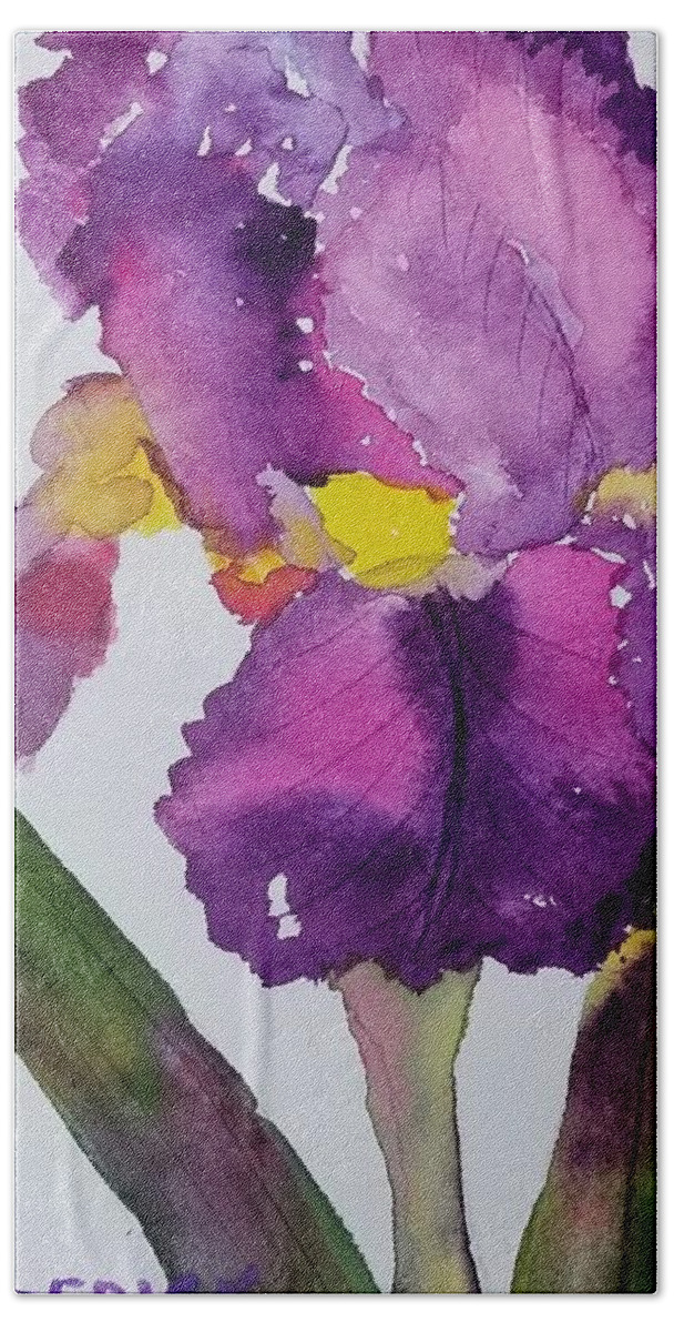 Purple Bath Towel featuring the painting Purple Bearded Iris by Ann Frederick