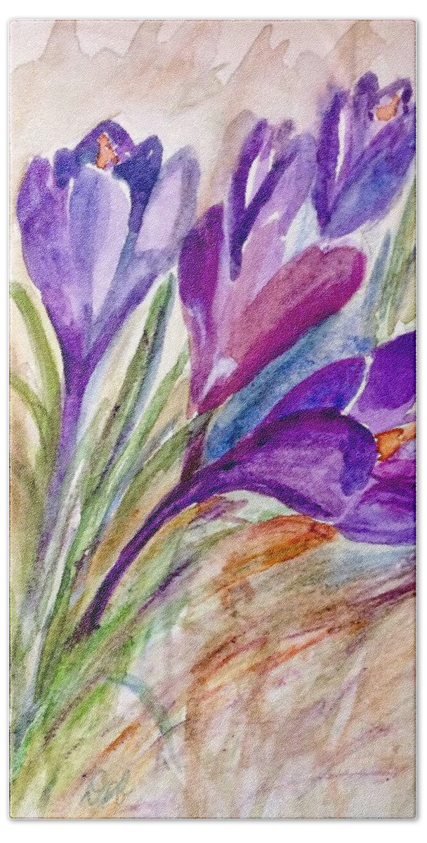 Watercolor Hand Towel featuring the painting Purple Crocus by Deb Stroh-Larson