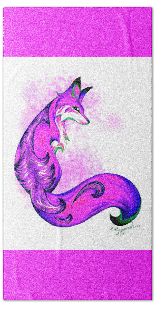 Fantasy Bath Towel featuring the drawing Purple Fantasy Fox by Sipporah Art and Illustration