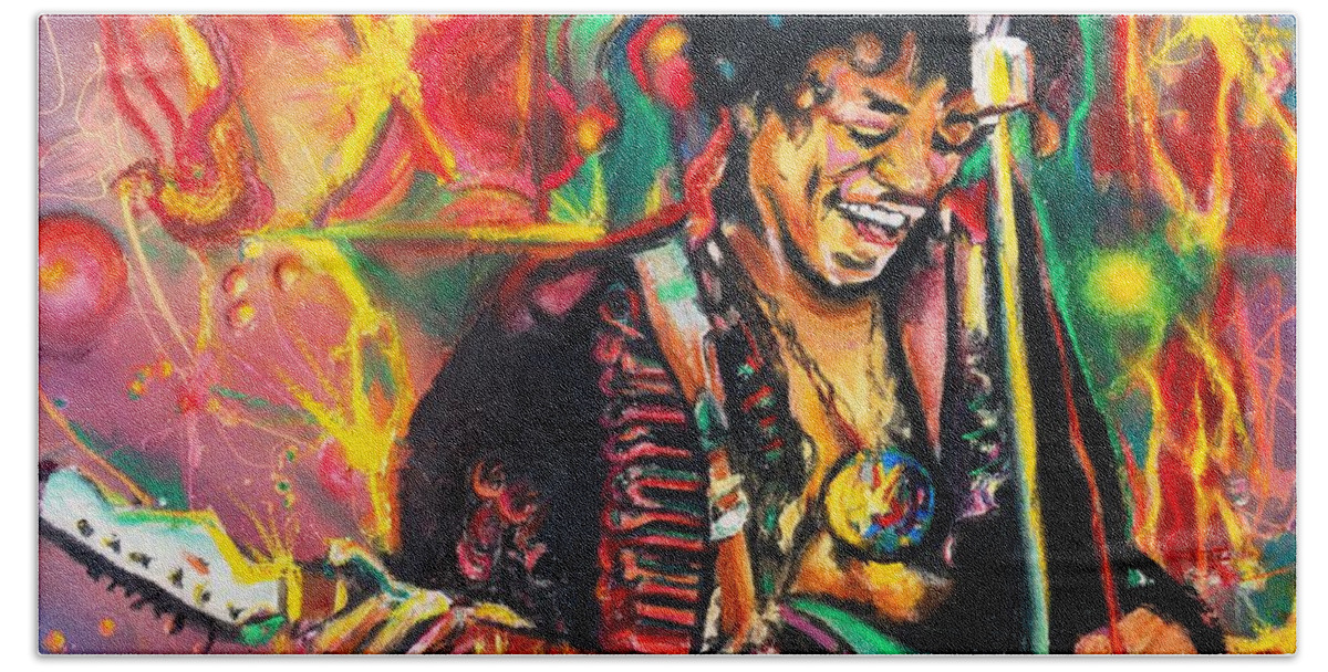 Jimi Hendrix Bath Towel featuring the painting Purple Haze by Eric Dee