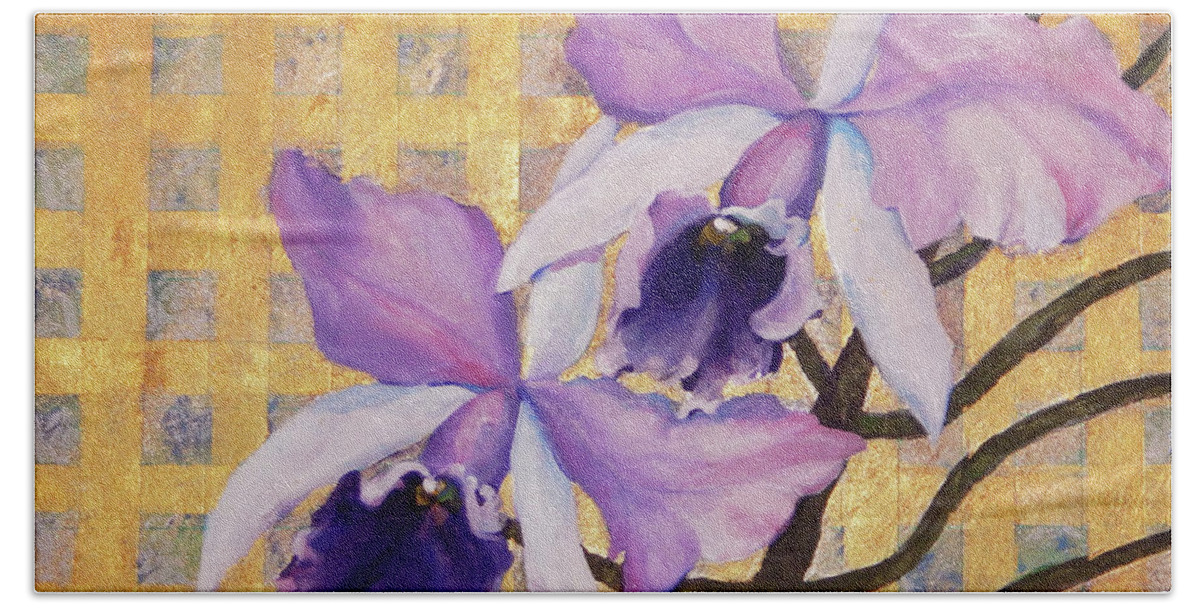 Top Artist Bath Towel featuring the painting Purple Orchids on Gold Background by Sharon Nelson-Bianco