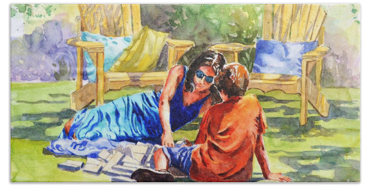 Mother And Son Bath Towel featuring the painting Quality Time by Betty M M Wong