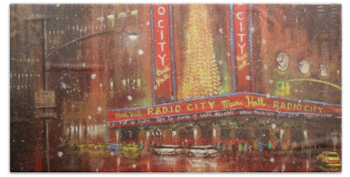 Radio City Music Hall Bath Towel featuring the painting Radio City NYC by Tom Shropshire