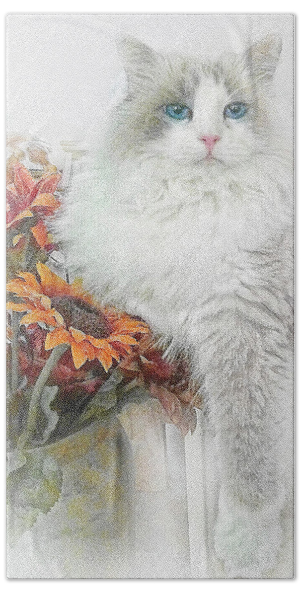 Animals Bath Towel featuring the photograph Ragdoll Cat and Sunflowers by David and Carol Kelly