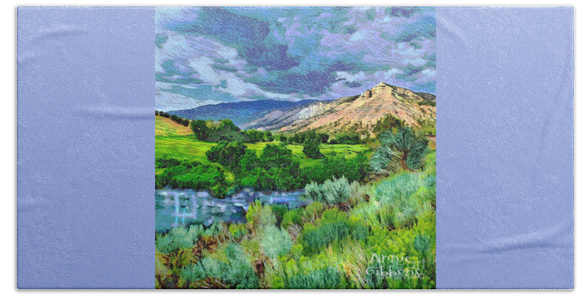 Rain Clouds Hover Over An Idyllic Valley Colorado Grey Blues Greens Teals Tan Pink And Purple Hand Towel featuring the digital art Rain Clouds on the way to Sweetwater by Annie Gibbons