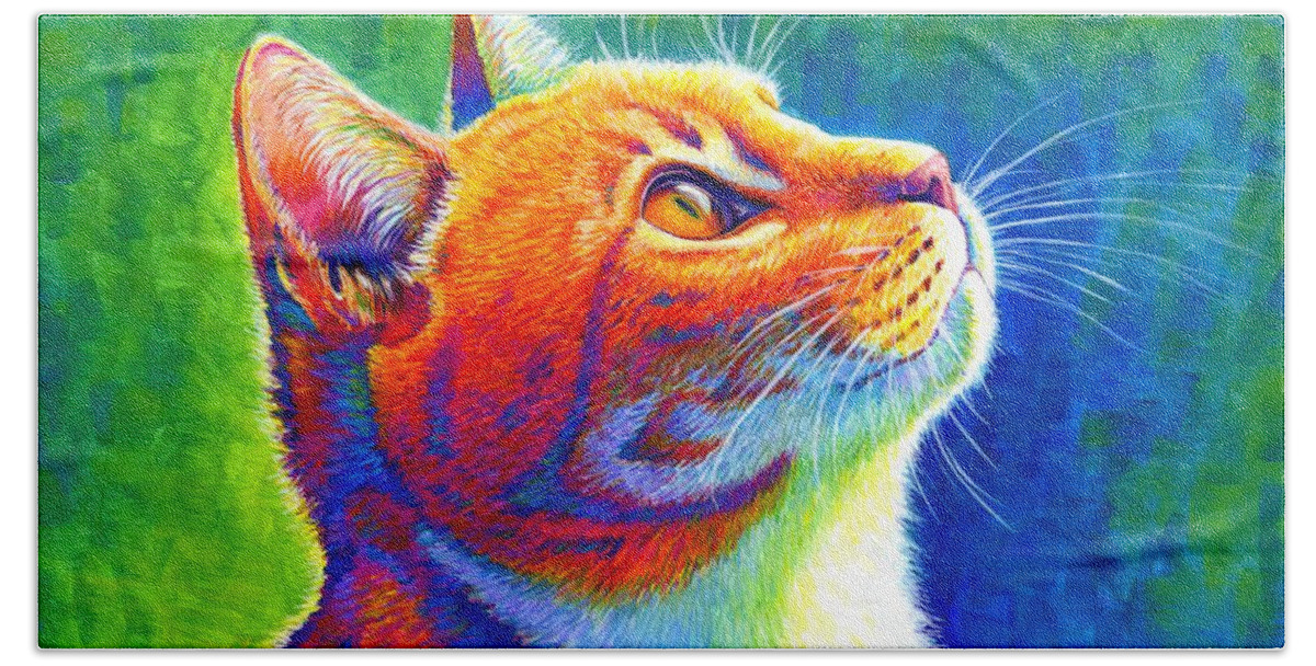 Cat Hand Towel featuring the painting Anticipation - Psychedelic Rainbow Tabby Cat by Rebecca Wang