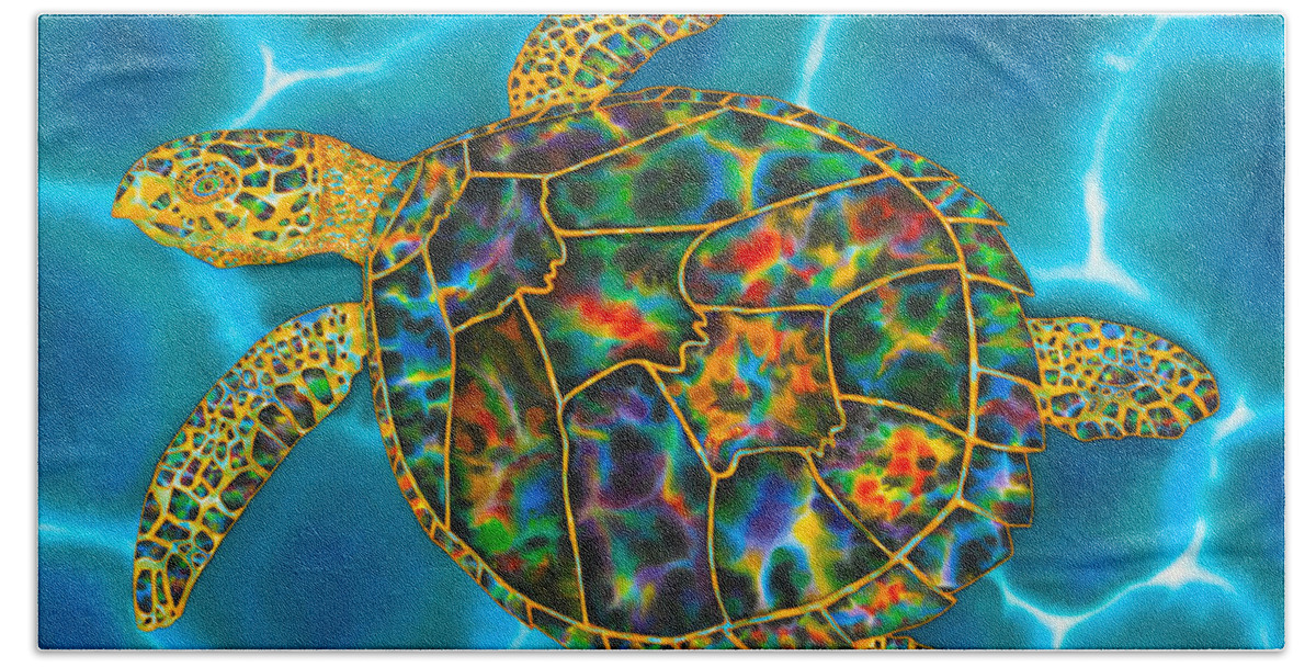 Sea Turtle Bath Towel featuring the painting Rainbow Opal Sea Turtle by Daniel Jean-Baptiste
