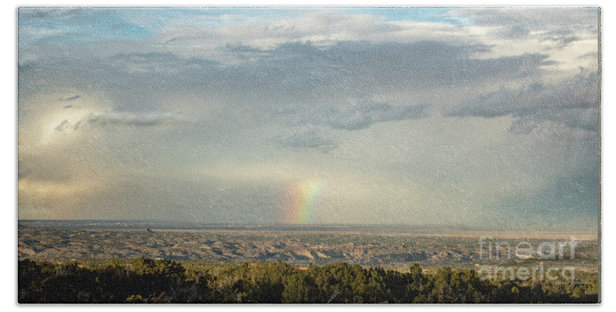 Natanson Hand Towel featuring the photograph Rainbow over Santa Fe by Steven Natanson
