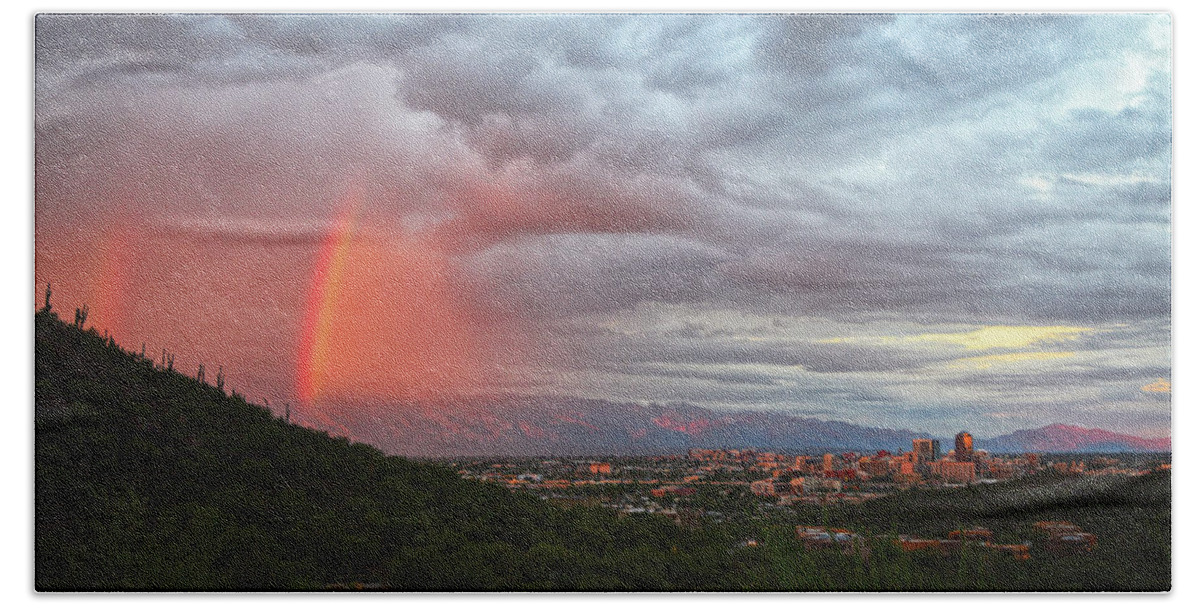 Tucson Hand Towel featuring the photograph Rainbow over Tucson skyline by Chance Kafka