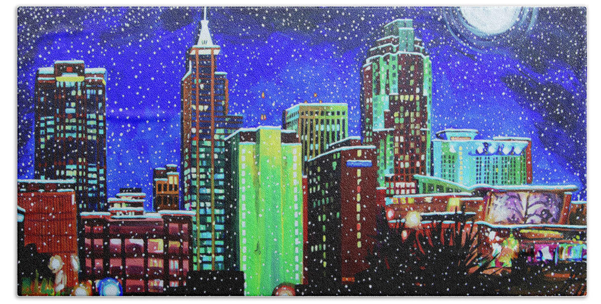 Raleigh Skyline In Winter Bath Towel featuring the painting Raleigh Skyline winter night 16 x 20 ratio by Tommy Midyette