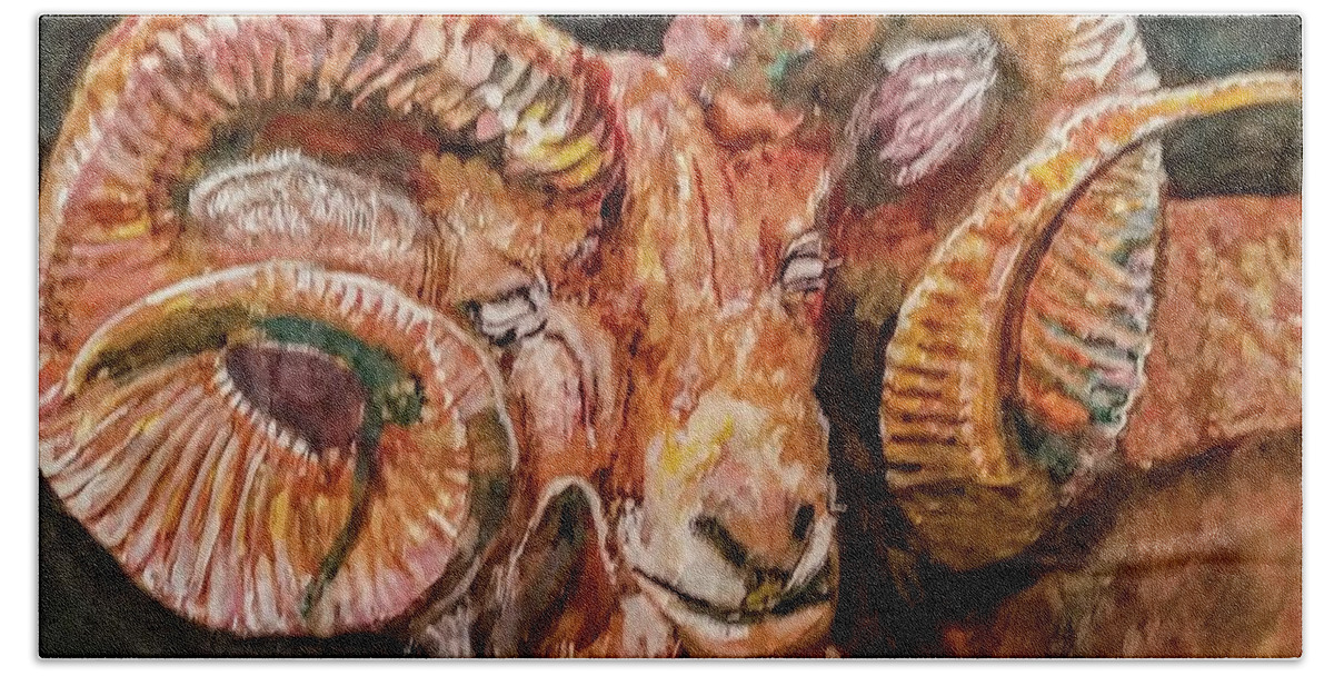 Mountain Goat Bath Towel featuring the painting Ram by Mike Benton