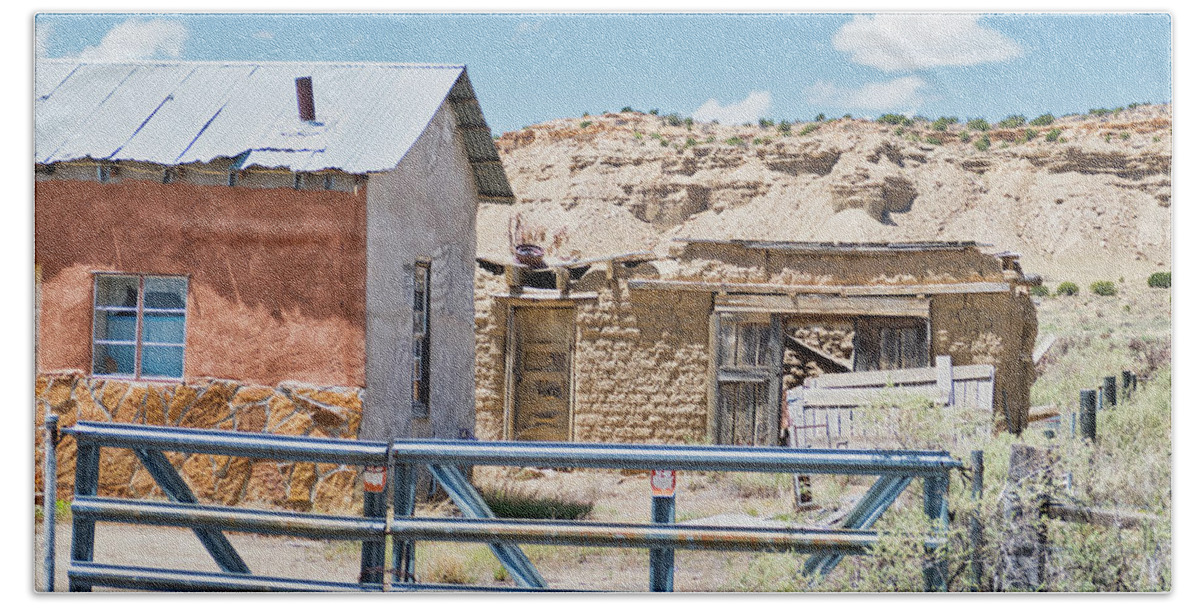 Cabezon Bath Towel featuring the photograph Ranch buildings against bluffs by Segura Shaw Photography