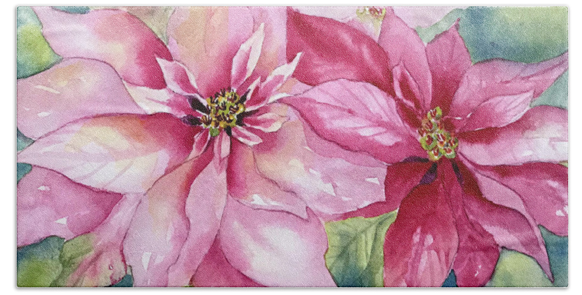 Poinsettia Hand Towel featuring the painting Red and Pink Poinsettias by Hilda Vandergriff