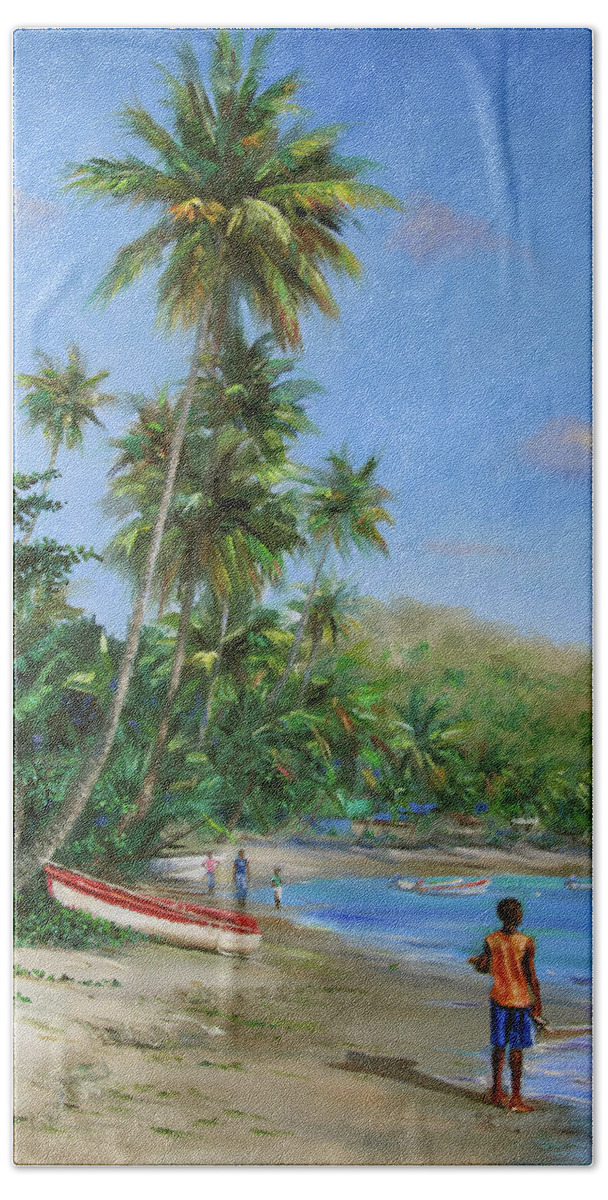 Caribbean Art Bath Towel featuring the painting Red and White Boat by Jonathan Gladding