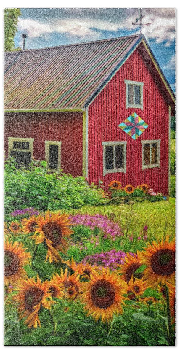 Barns Bath Towel featuring the photograph Red Barn in Summer Sunflowers Watercolor Painting by Debra and Dave Vanderlaan