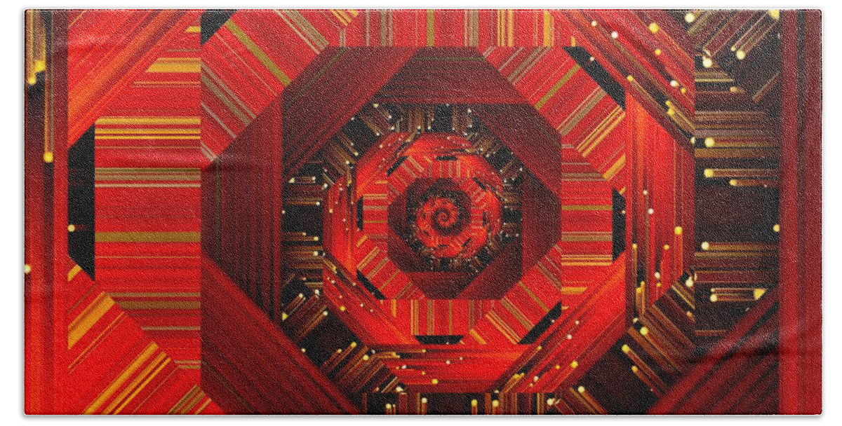Modern Bath Towel featuring the digital art Red Black and Gold Spiral Quantum Mechanics by Rachel Hannah