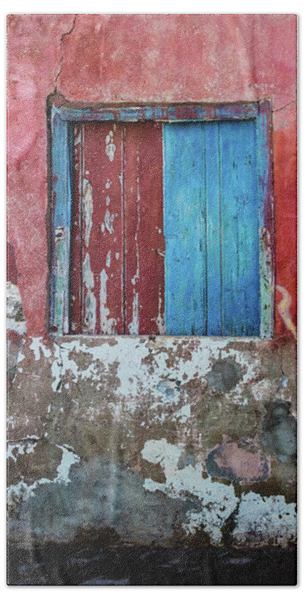 Wall Bath Towel featuring the photograph Red, blue and grey wall, door and window by Lyl Dil Creations