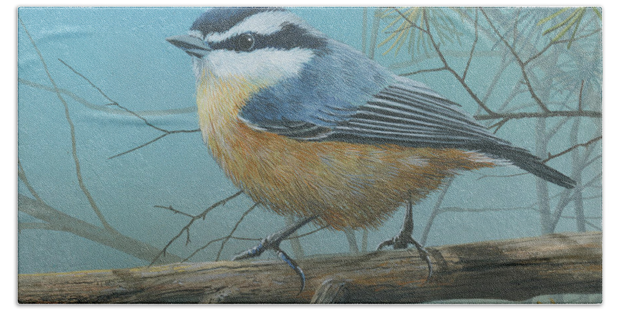 Red Brested Nuthatch Hand Towel featuring the painting Red Brested Nuthatch by Mike Brown