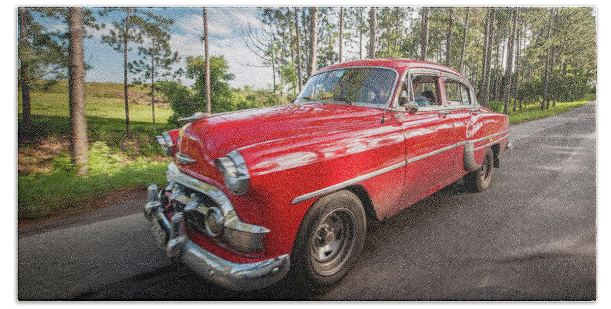 Cuba Hand Towel featuring the photograph Red Classic Cuban Car by Mark Duehmig