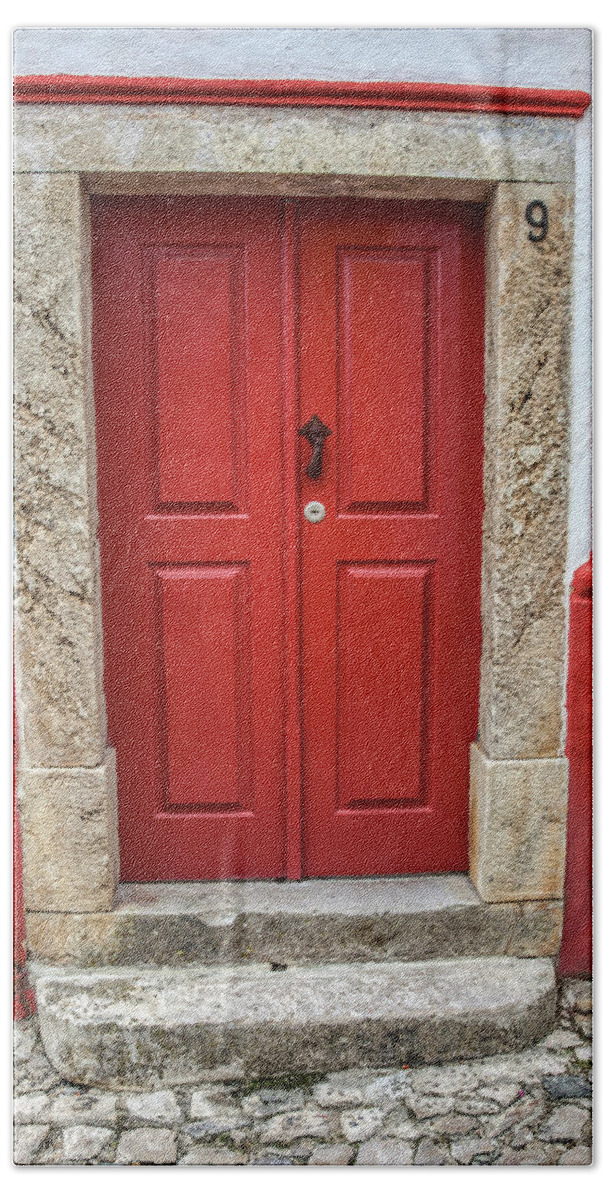 Door Bath Towel featuring the photograph Red Door Nine of Obidos by David Letts
