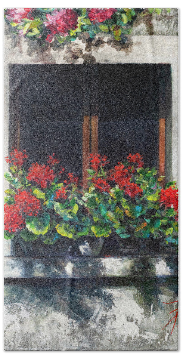 Red Geraniums Bath Towel featuring the painting Red Geraniums Window by Lynne Pittard