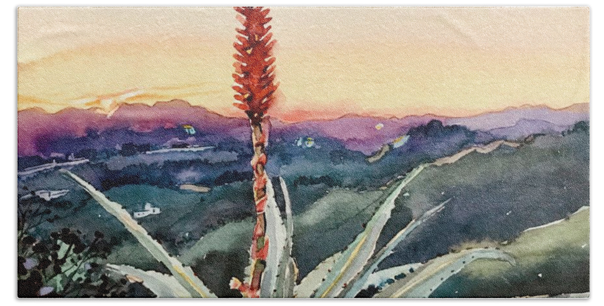 Santa Monica Hand Towel featuring the painting Red Hot Poker Sunset - Topanga by Luisa Millicent