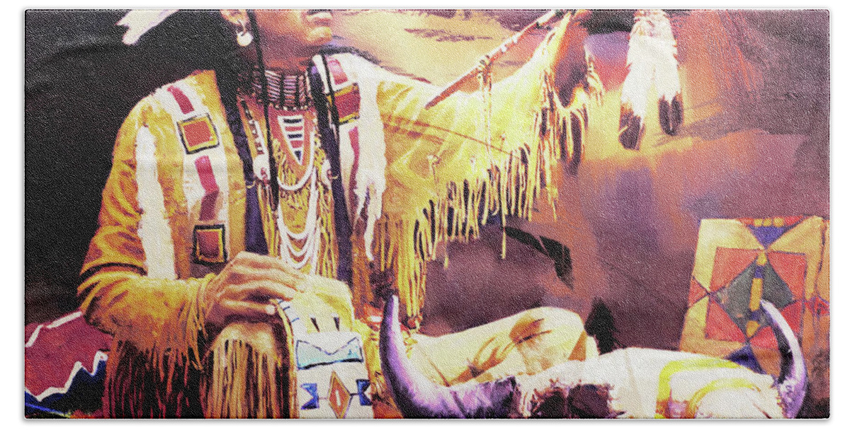 Native American Hand Towel featuring the painting Red Indians 506Ji by Gull G