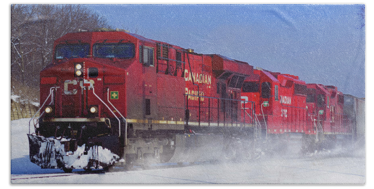 Locomotive Bath Towel featuring the photograph Red Locomotive Winter Scene by Sandra J's