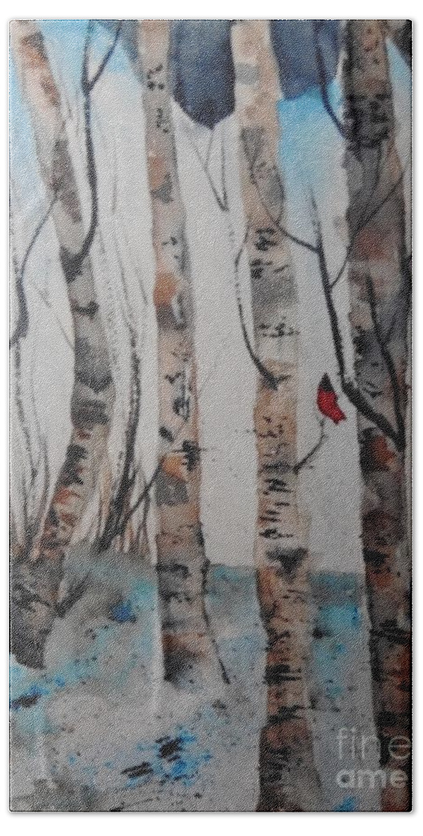 Red Bird In Birches. Male Cardinal Bath Towel featuring the painting Red Male Visits by Eunice Miller