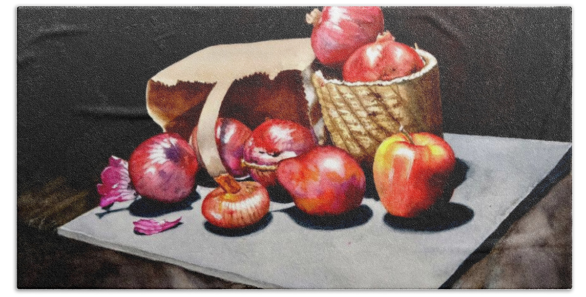 Still Life Hand Towel featuring the painting Red Onions and Red Fruit by Jeanette Ferguson