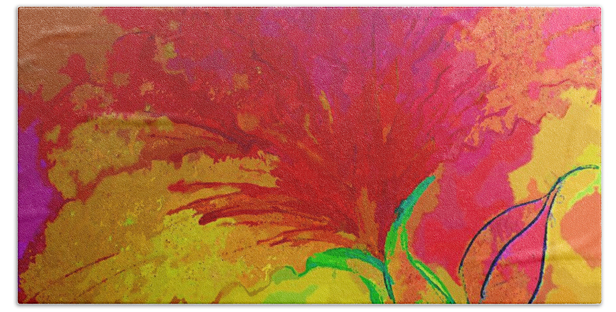Digital Art Bath Towel featuring the digital art Red Pink Yellow Flower Impression by Delynn Addams by Delynn Addams