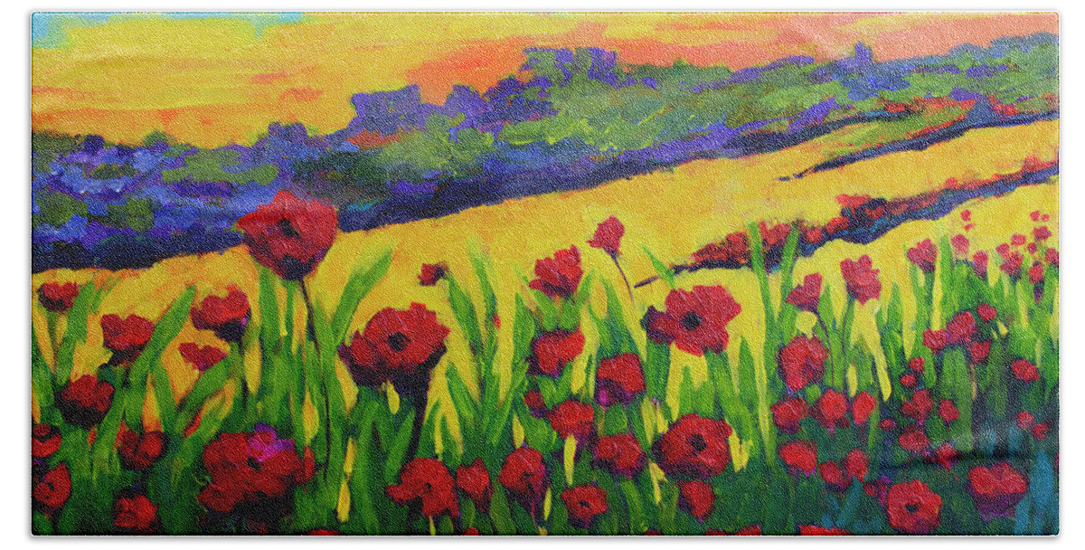 Red Poppies In Spring Hand Towel featuring the painting Red Poppies in Spring by Patricia Awapara