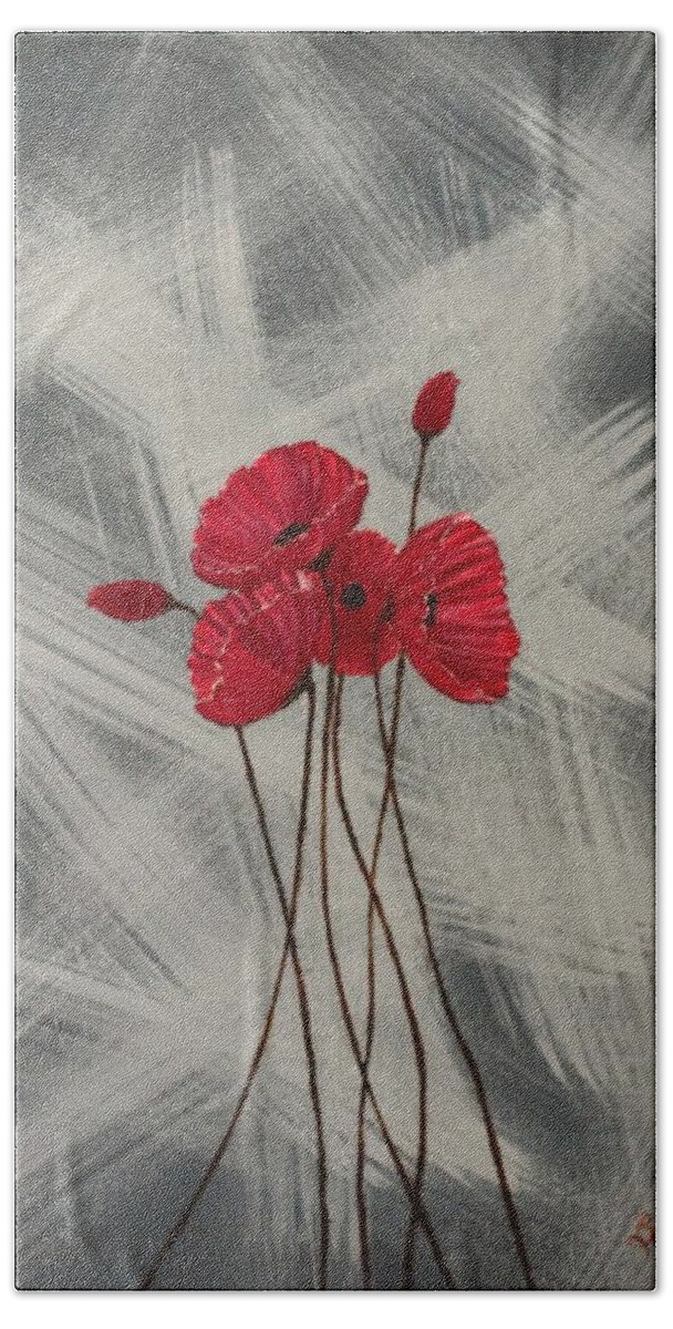 Red Bath Towel featuring the painting Red Poppies by Berlynn