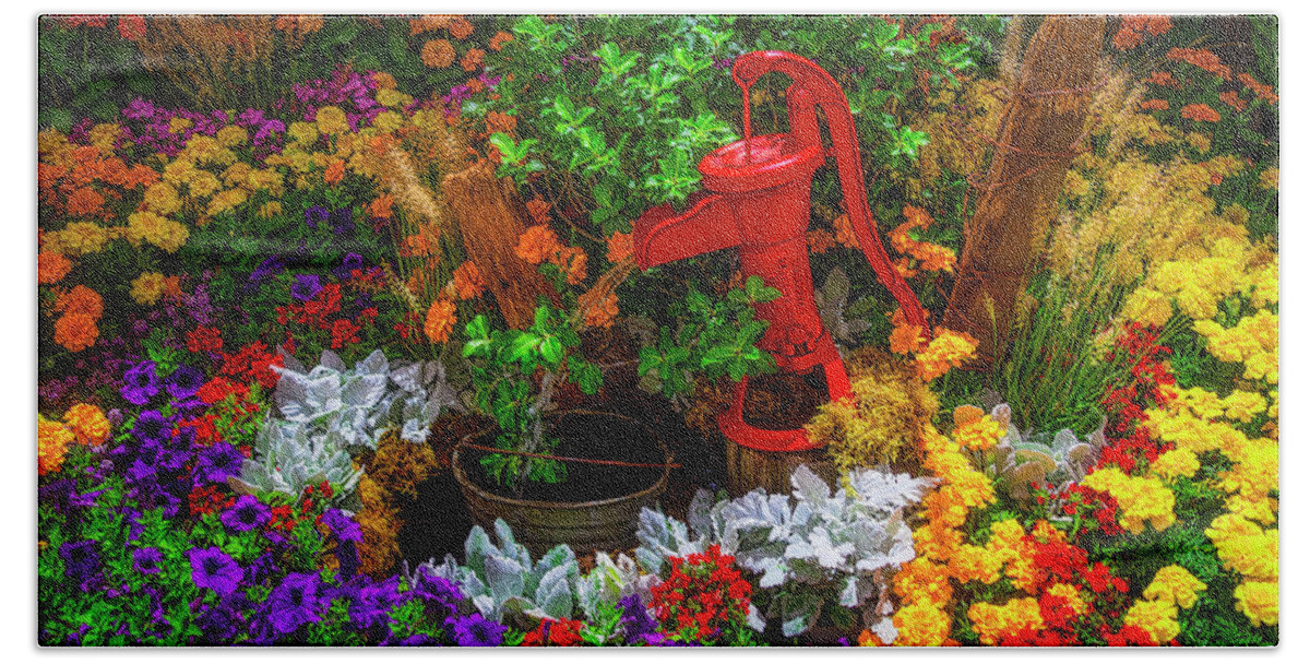Horizontal Bath Towel featuring the photograph Red Pump In Flower Garden by Garry Gay