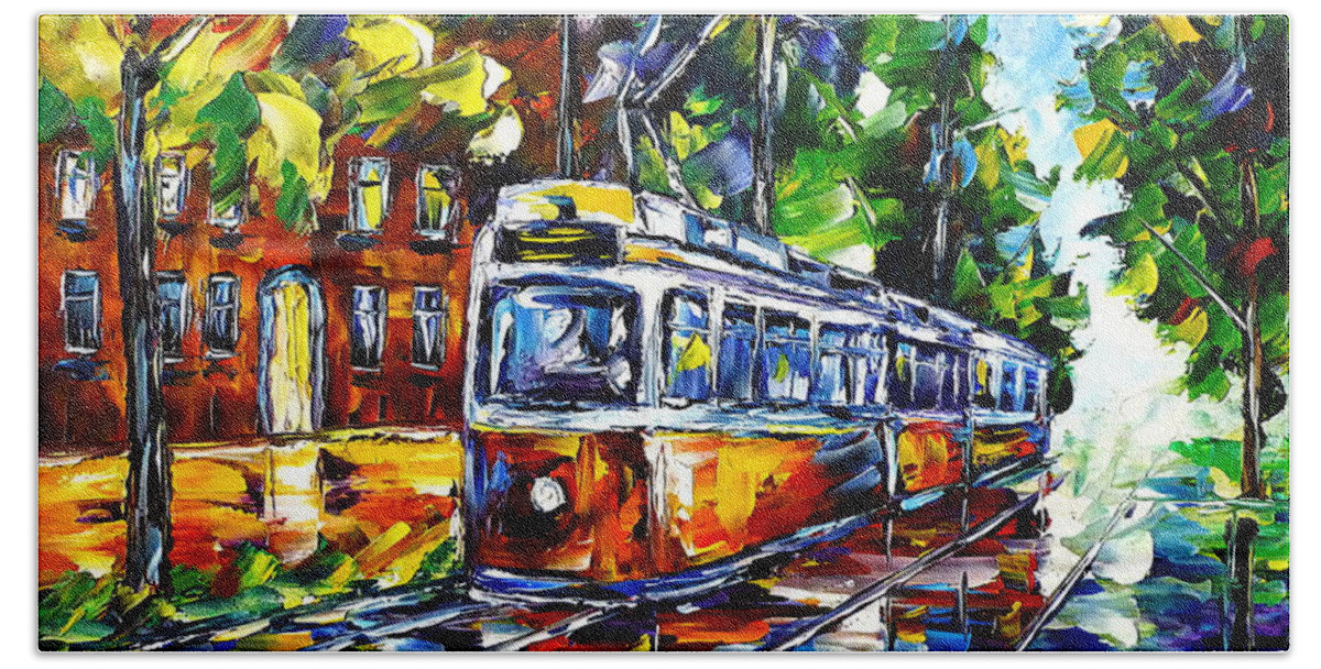 Trolley Lovers Hand Towel featuring the painting Red Trolley by Mirek Kuzniar