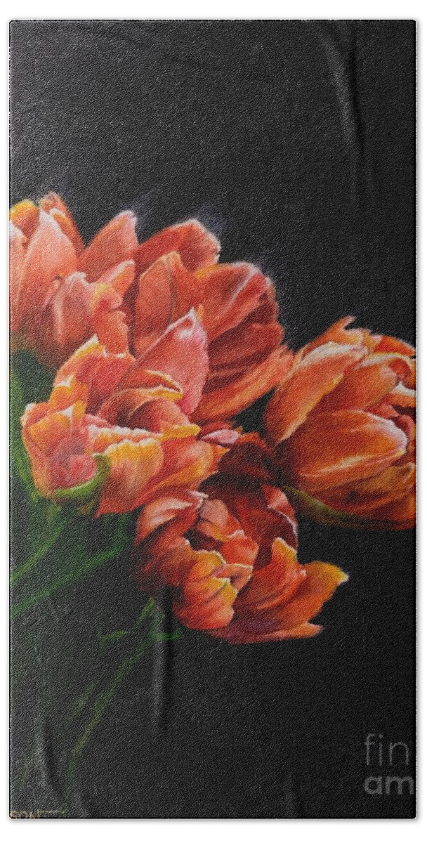 Still Life Bath Towel featuring the painting Red Tulips by Jeanette Ferguson