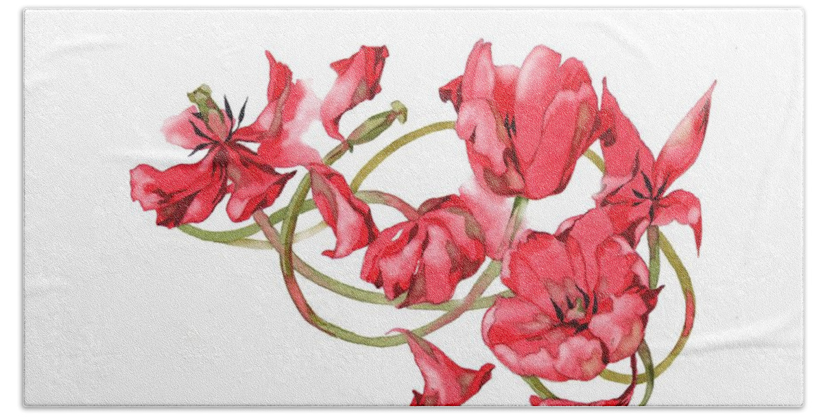 Russian Artists New Wave Bath Towel featuring the painting Red Tulips Vignette by Ina Petrashkevich